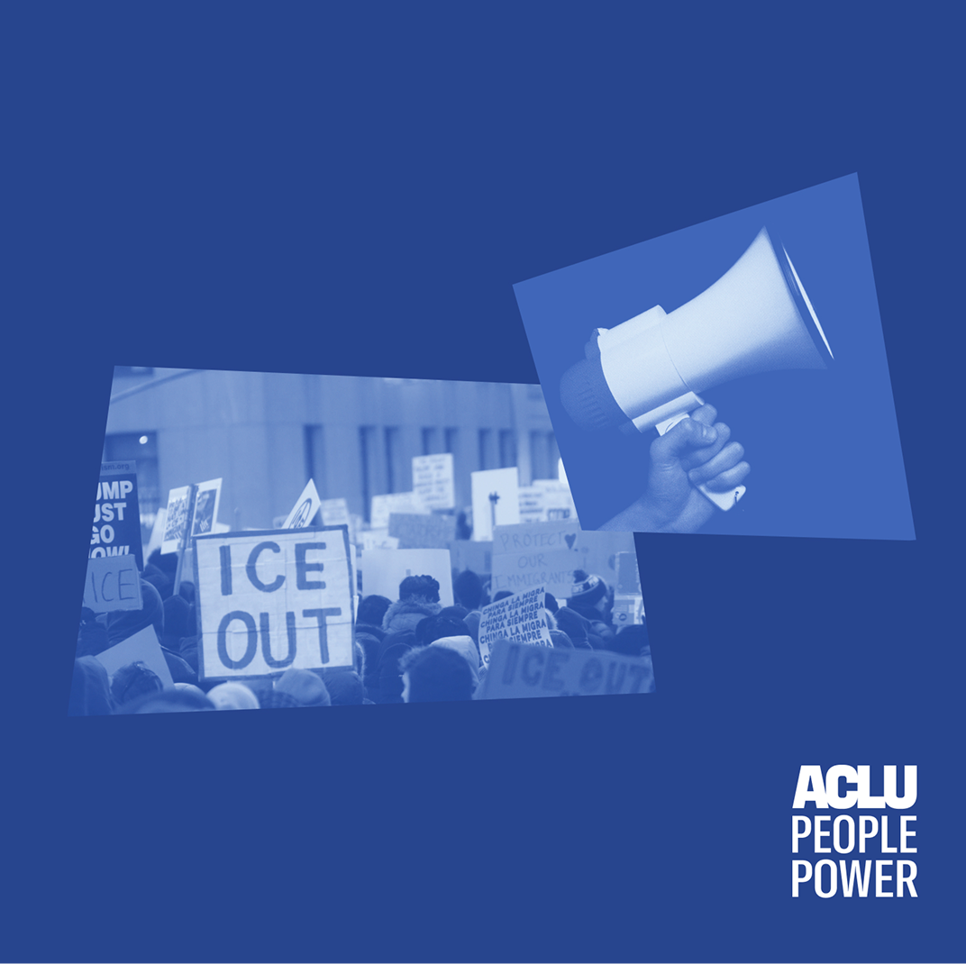 Blue collage with a megaphone and an ICE protest